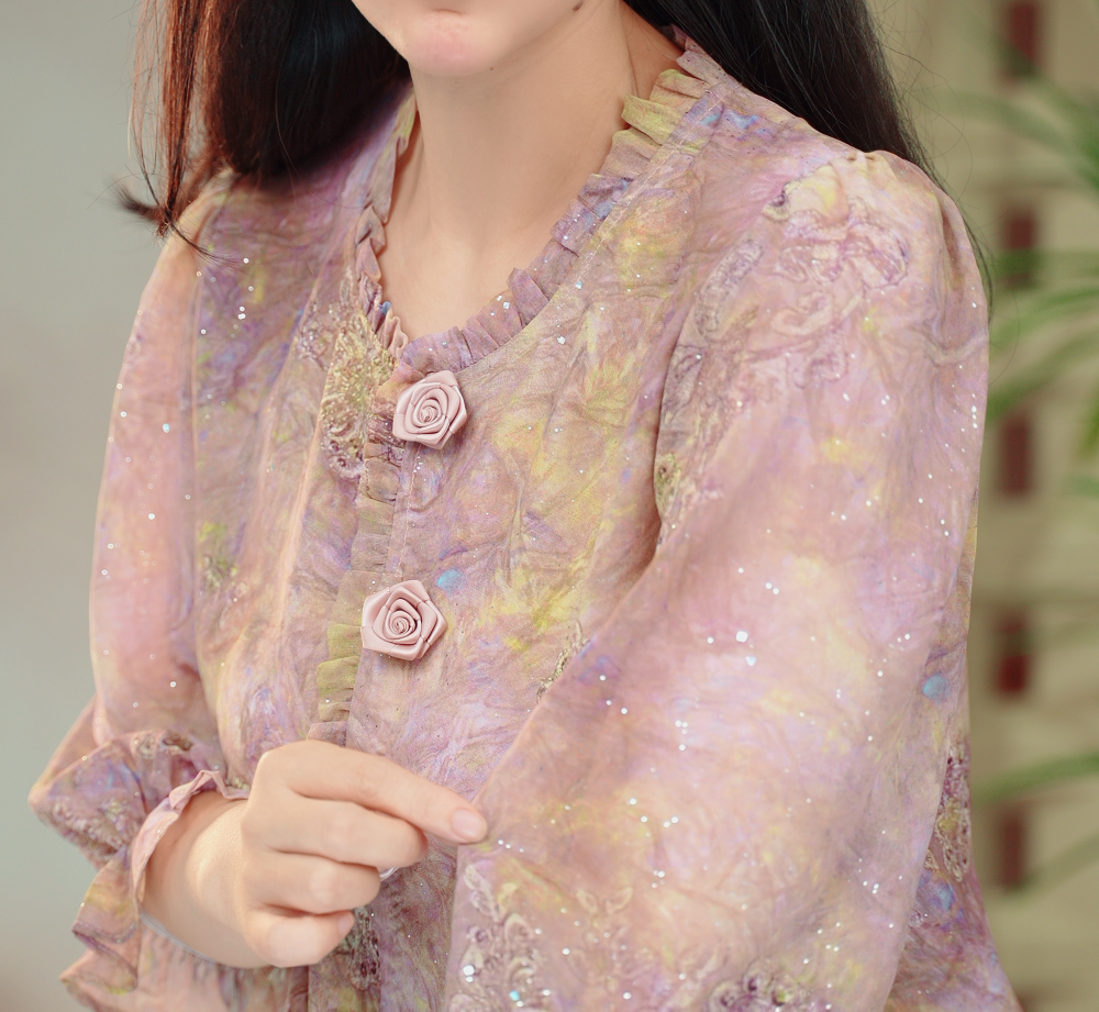 【莫奈花园】法式气质显瘦紫色莫奈花园薄款衬衫外搭上衣碎花洋气