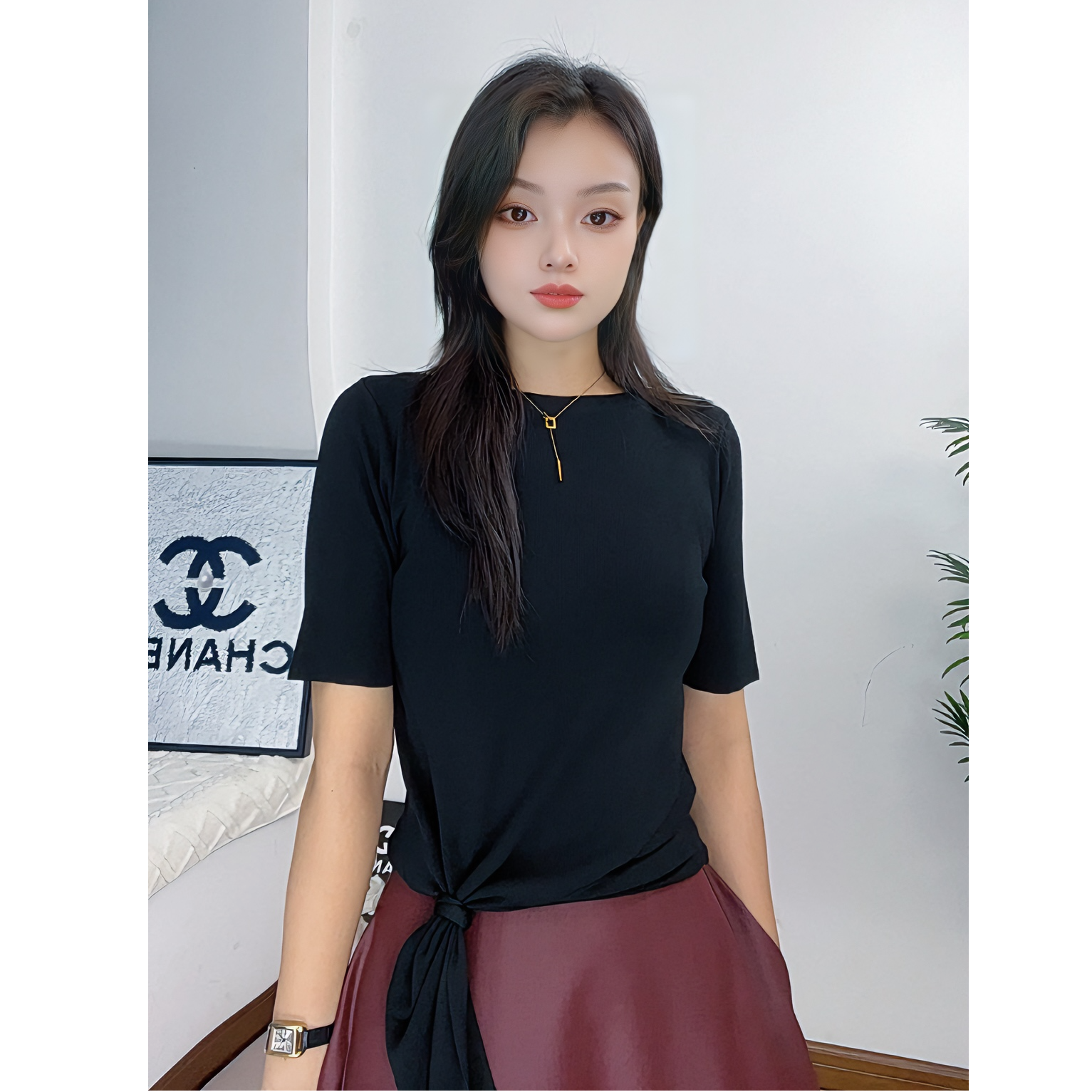 夏季新款气质针织薄款一字领短袖时尚透气百搭系带黑色女士T恤