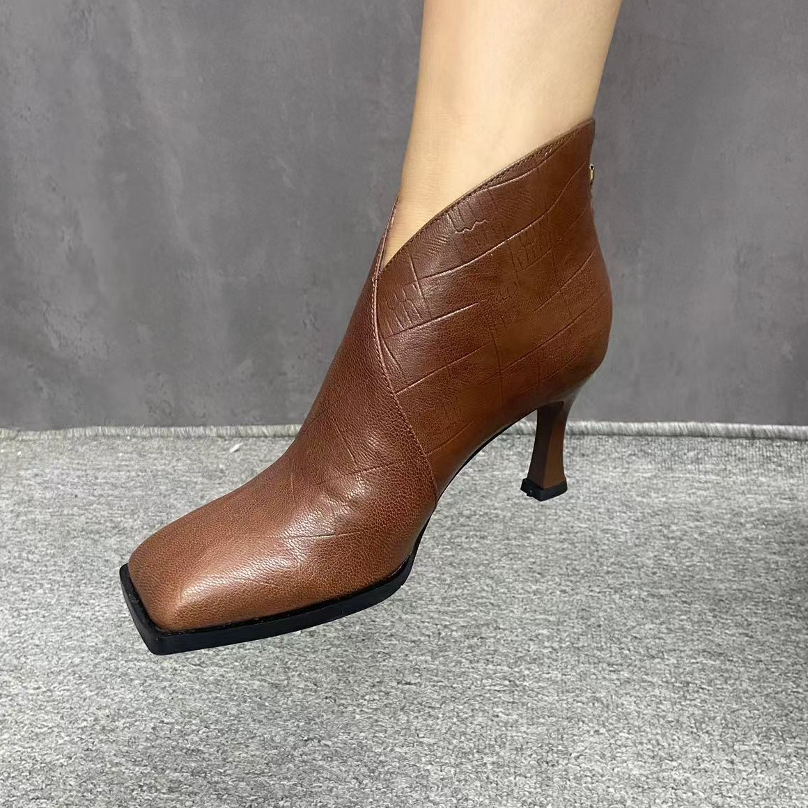 真皮7公分细跟方头高跟鞋秋秋冬气质真皮羊皮真皮高跟短靴