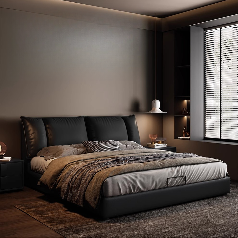 意式轻奢皮艺床双人床现代简约大气储物大床实木软包床主卧室婚床