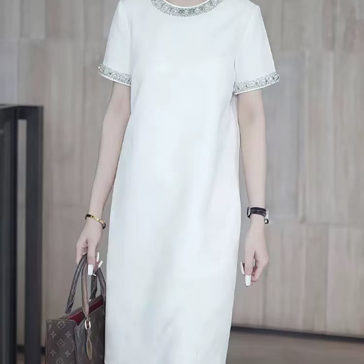 G57短袖宽松腰圆领时尚气质夏季蓝灰遮肚连衣裙女士蕾丝