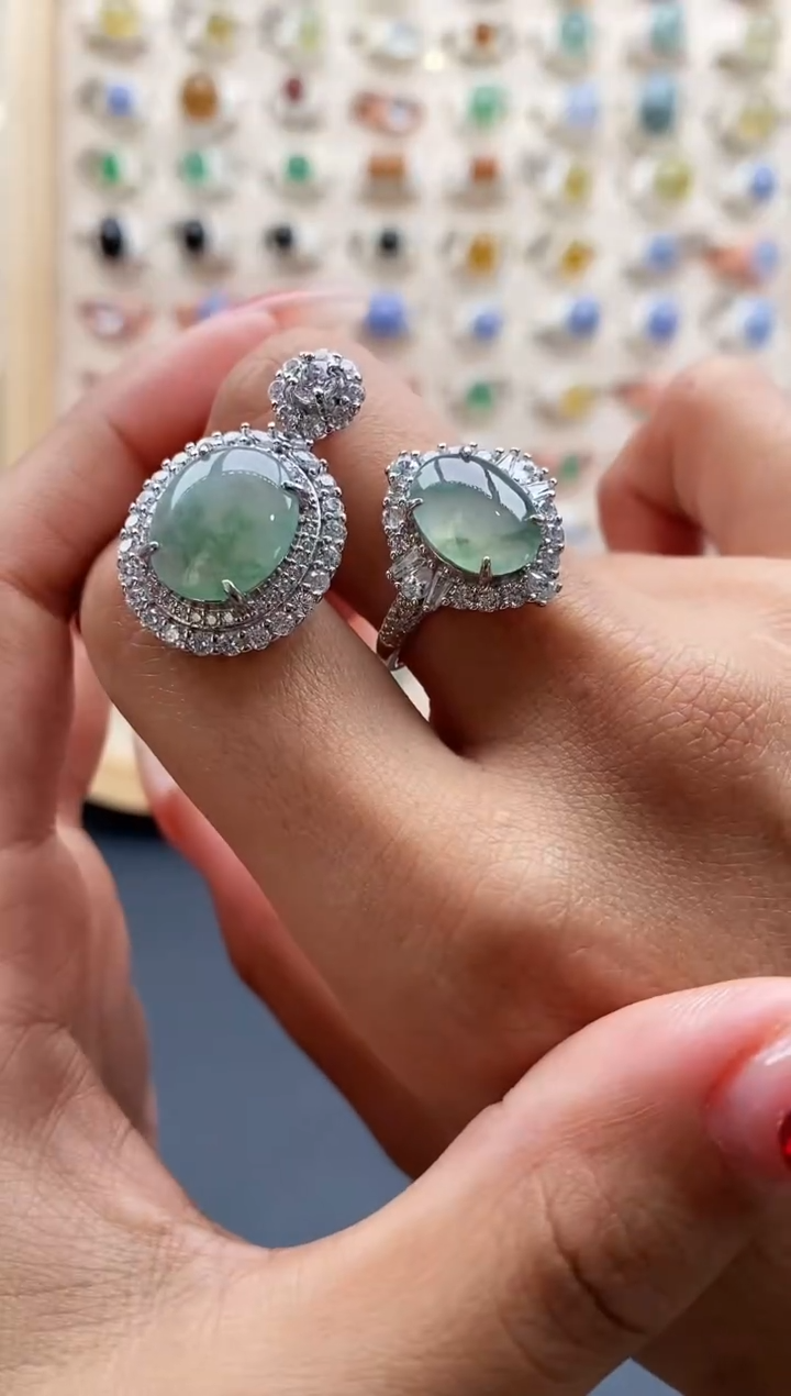 【闪购商品】翡翠戒指银S925镶嵌缅甸天然A货翡翠111 8+6套装