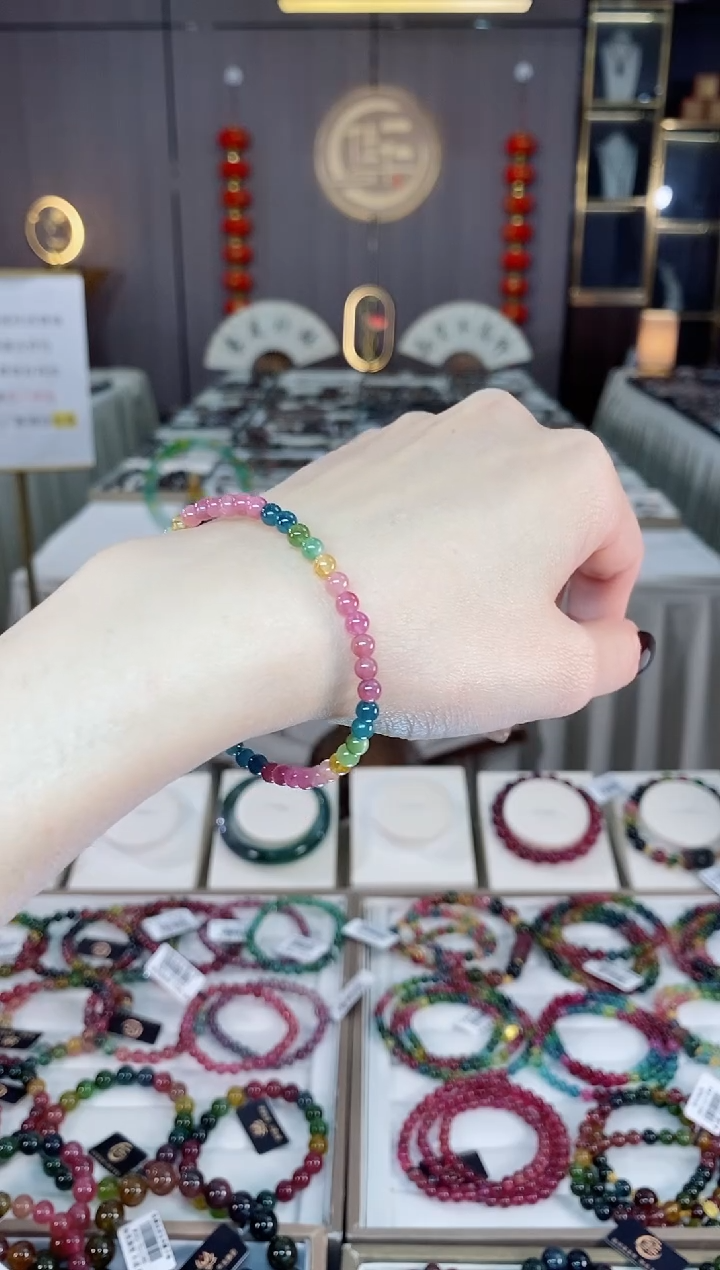 未镶嵌老矿碧玺色标彩虹单圈手串4mm+碧玺dan多样性发货一条