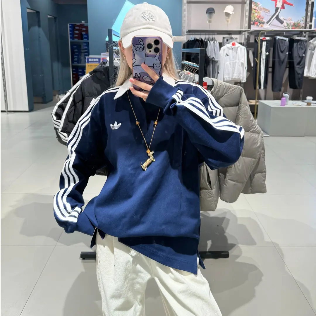 adidas/三叶草「何与同款 」 纯棉运动宽松长袖POLO衫KE3574