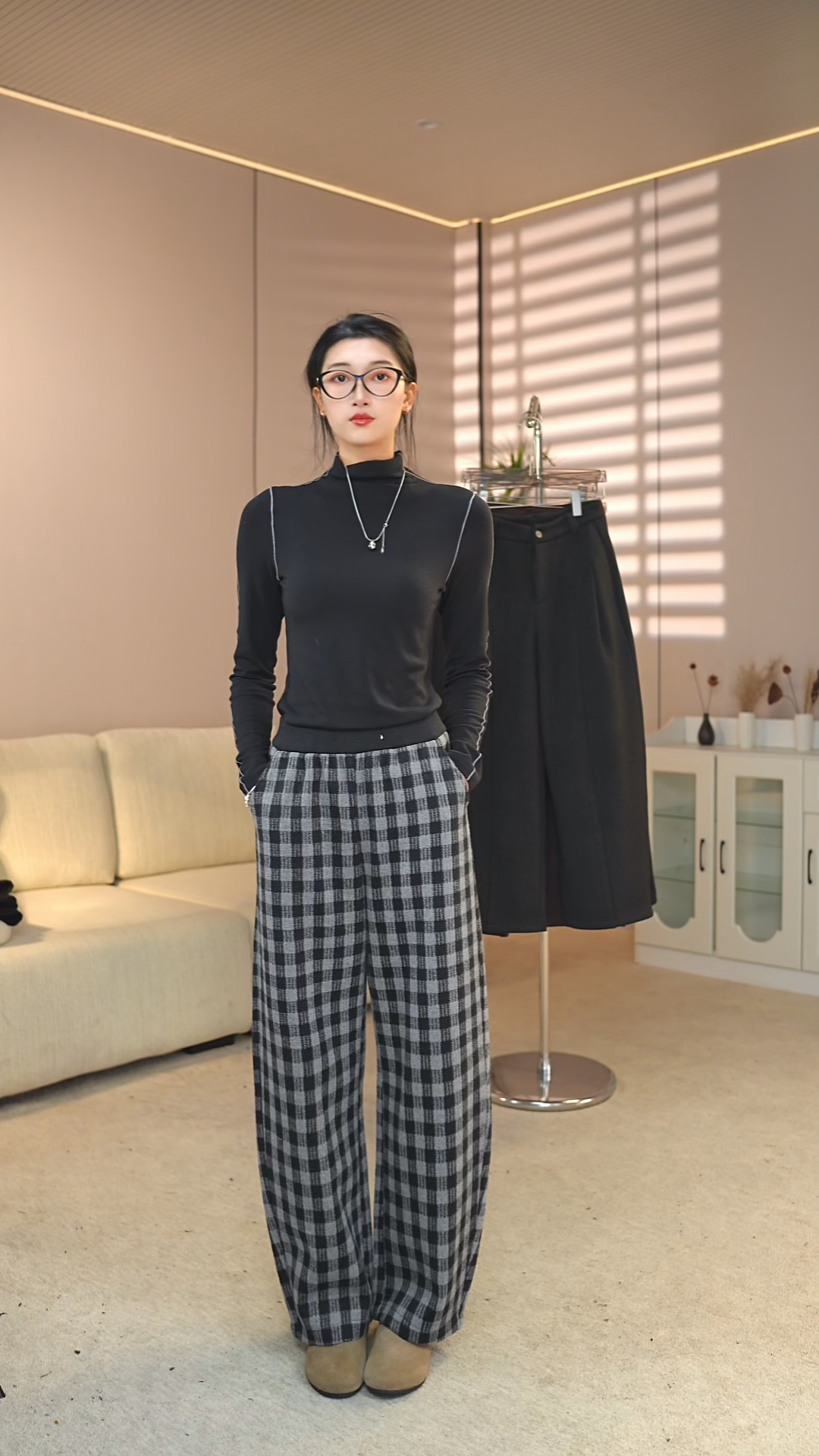 韩系慵懒呢子裤加绒加厚松紧腰宽松垂感复古直筒加绒阔腿裤