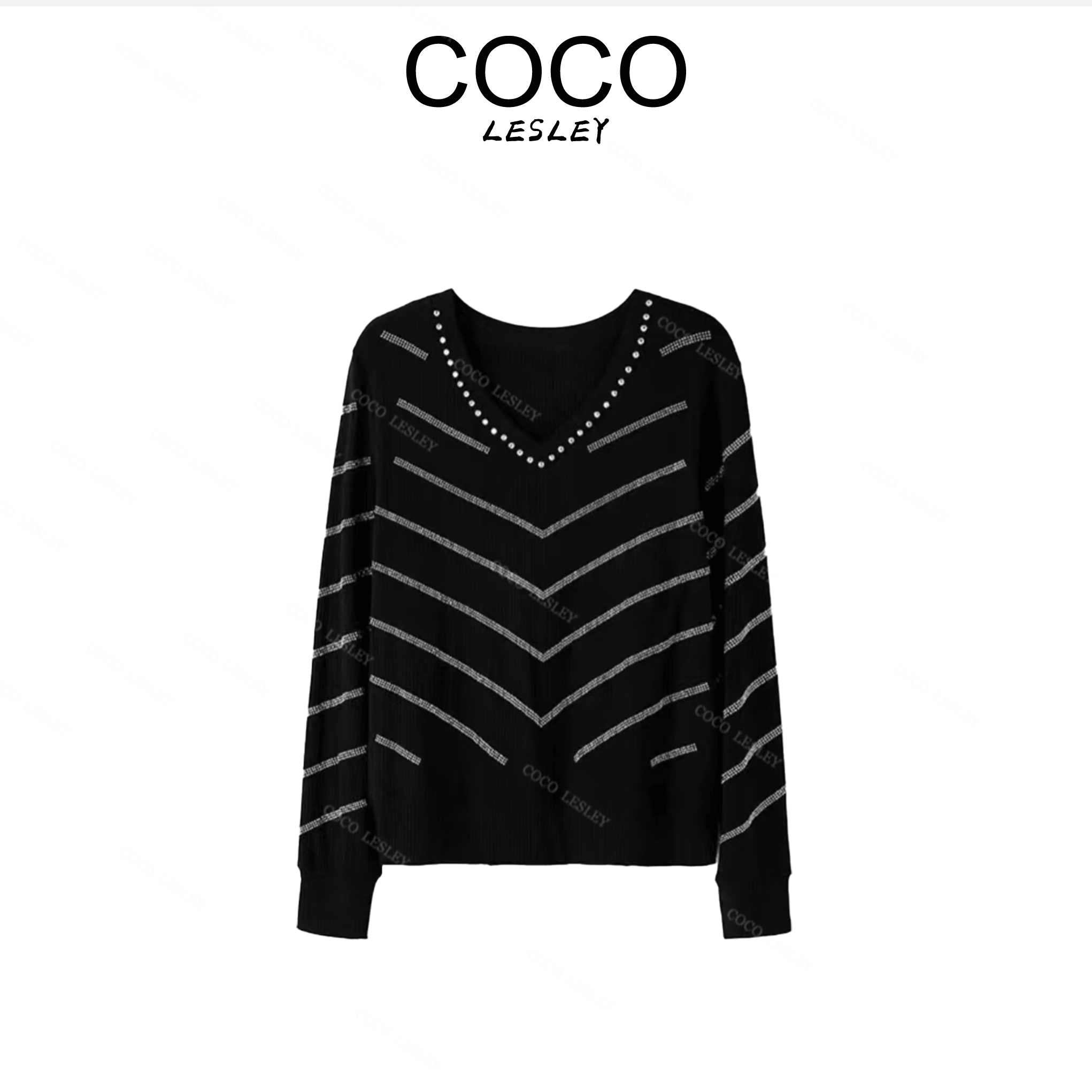 新款气质v领烫钻针织衫女洋气加绒上衣