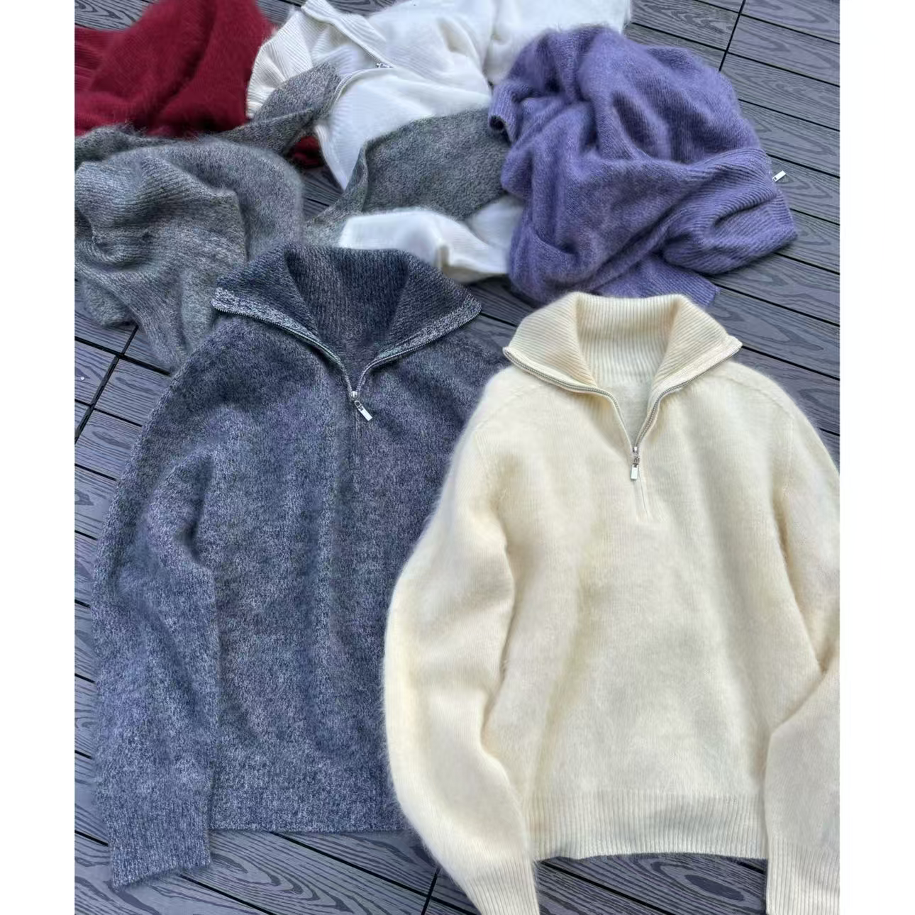 2025冬季羊绒羊毛拉毛半拉链高领纯色套头长袖外套上衣719
