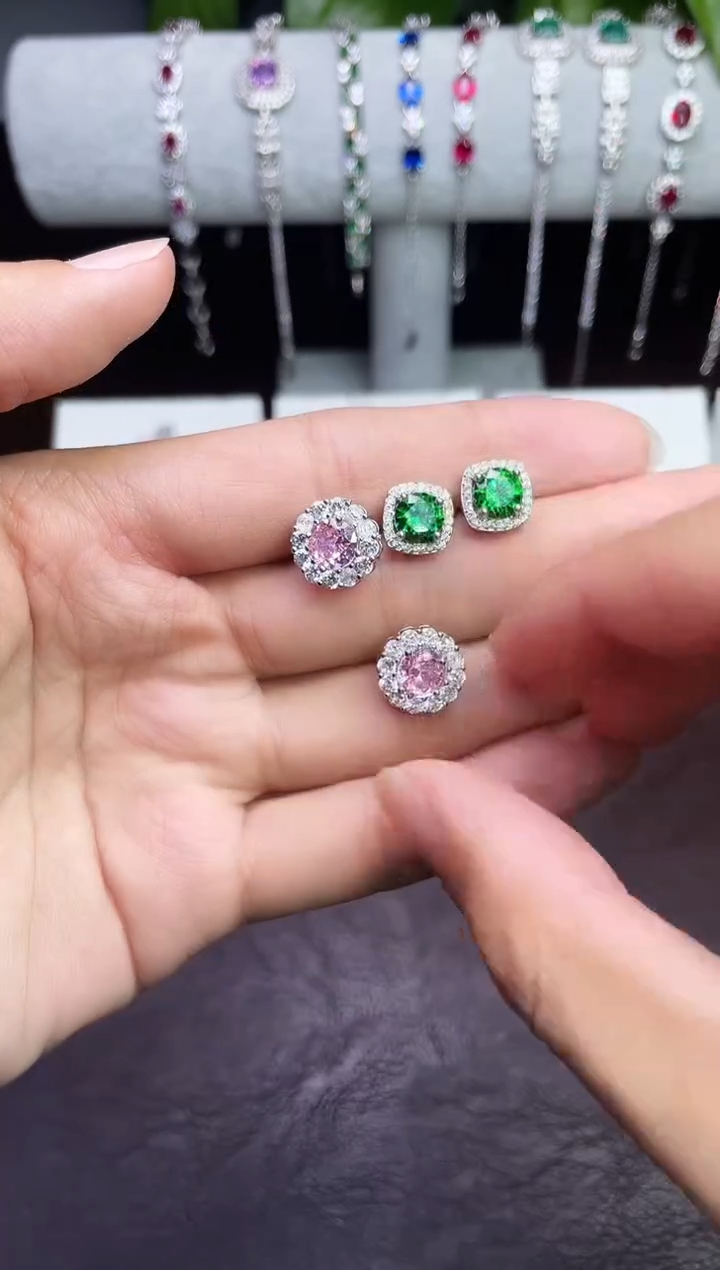 合金合成钻石耳饰改圆绿宝耳钉