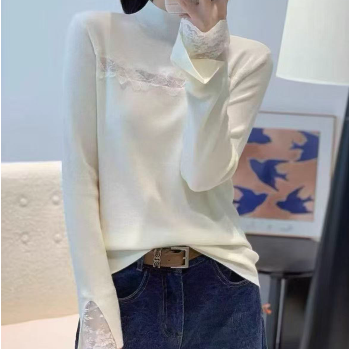 【艾萱萱】5580款半高领蕾丝边拼接磨毛针织长袖T恤女 约56