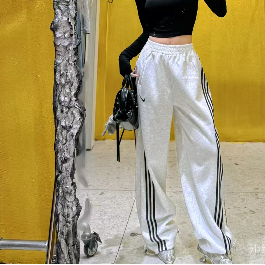条纹百搭运动裤时尚口袋夏季高腰卫裤休闲裤长裤薄款阔腿裤