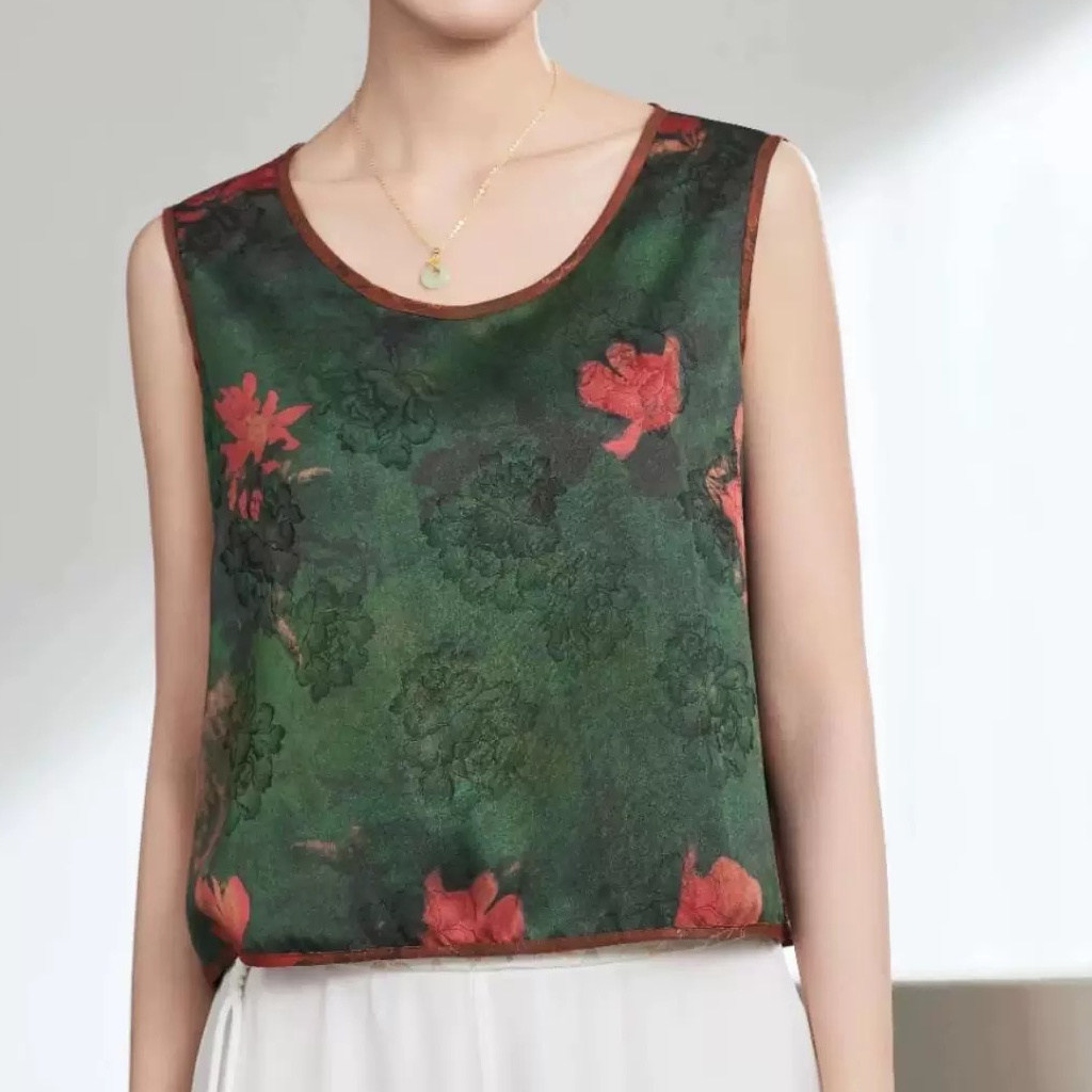 25年洋气民族风妈妈装提花桑蚕丝背心女装内搭透气舒适柔软