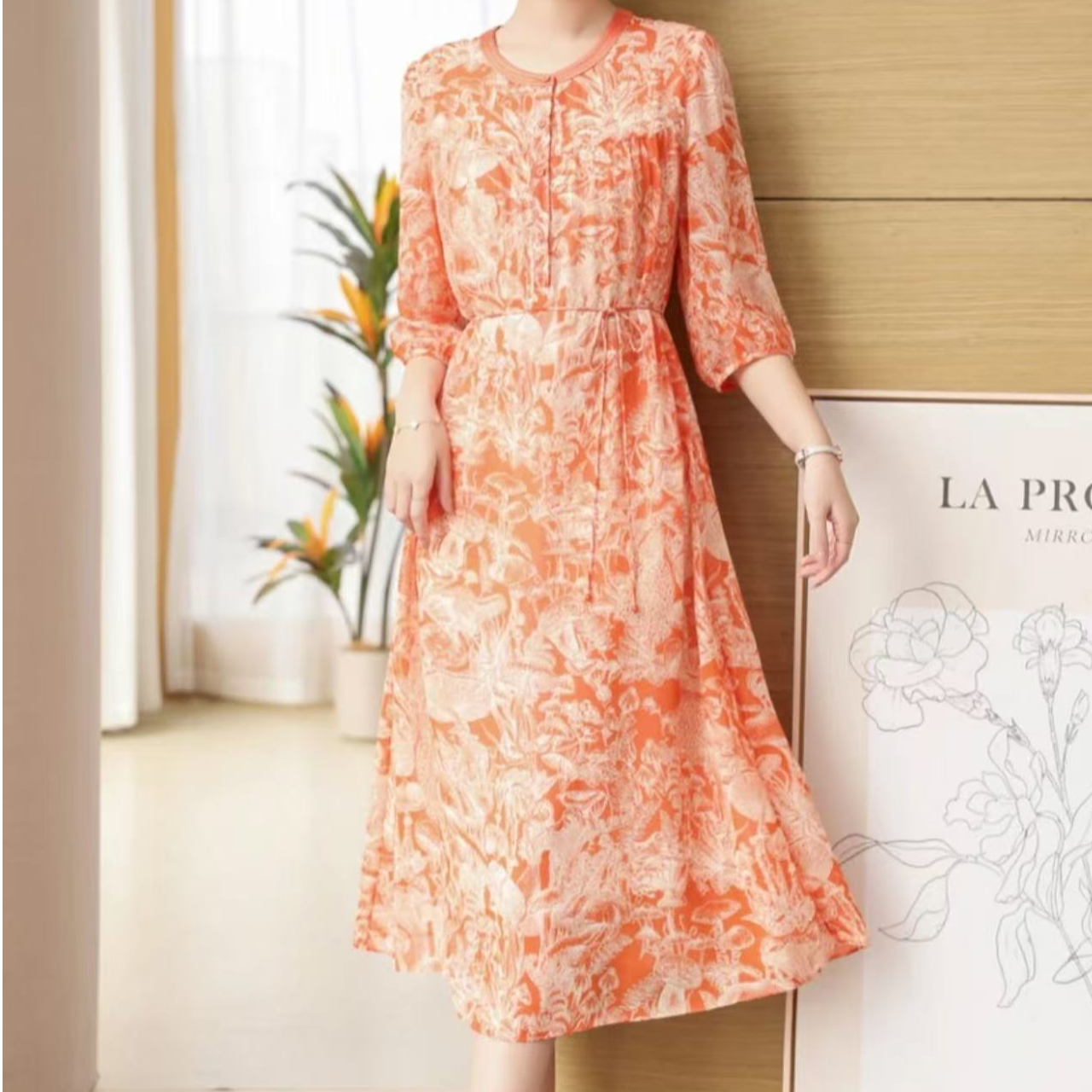 0951爱马橙透气裙子高贵新款领洋气收腰气质碎