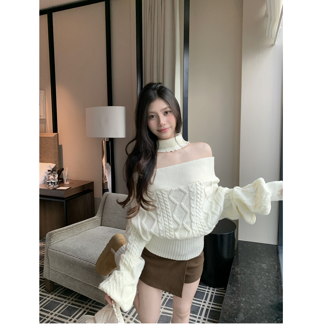 麻花一字肩露肩针织衫女秋2025新款韩系氛围感慵懒风上衣