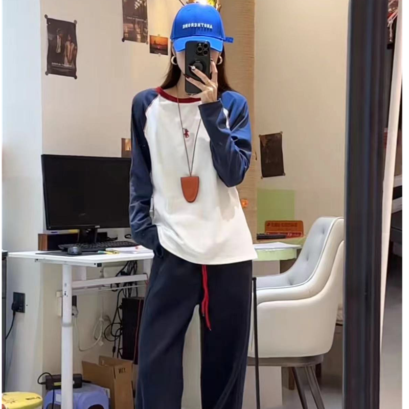 欧货时尚撞色圆领正肩长袖T恤女2025春新款设计感休闲百搭上衣