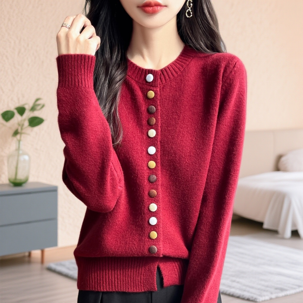 小香风彩色纽扣圆领毛衣外套女宽松短款洋气秋冬厚针织衫开衫上衣