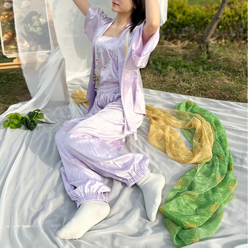 汉黛记七色睡衣灯笼裤套装汉服舒适夏季短袖缎面打底衬裤