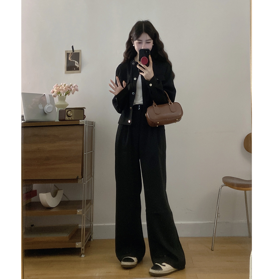 大码女装秋季胖妹妹mm显瘦气质西装外套黑色阔腿裤套装
