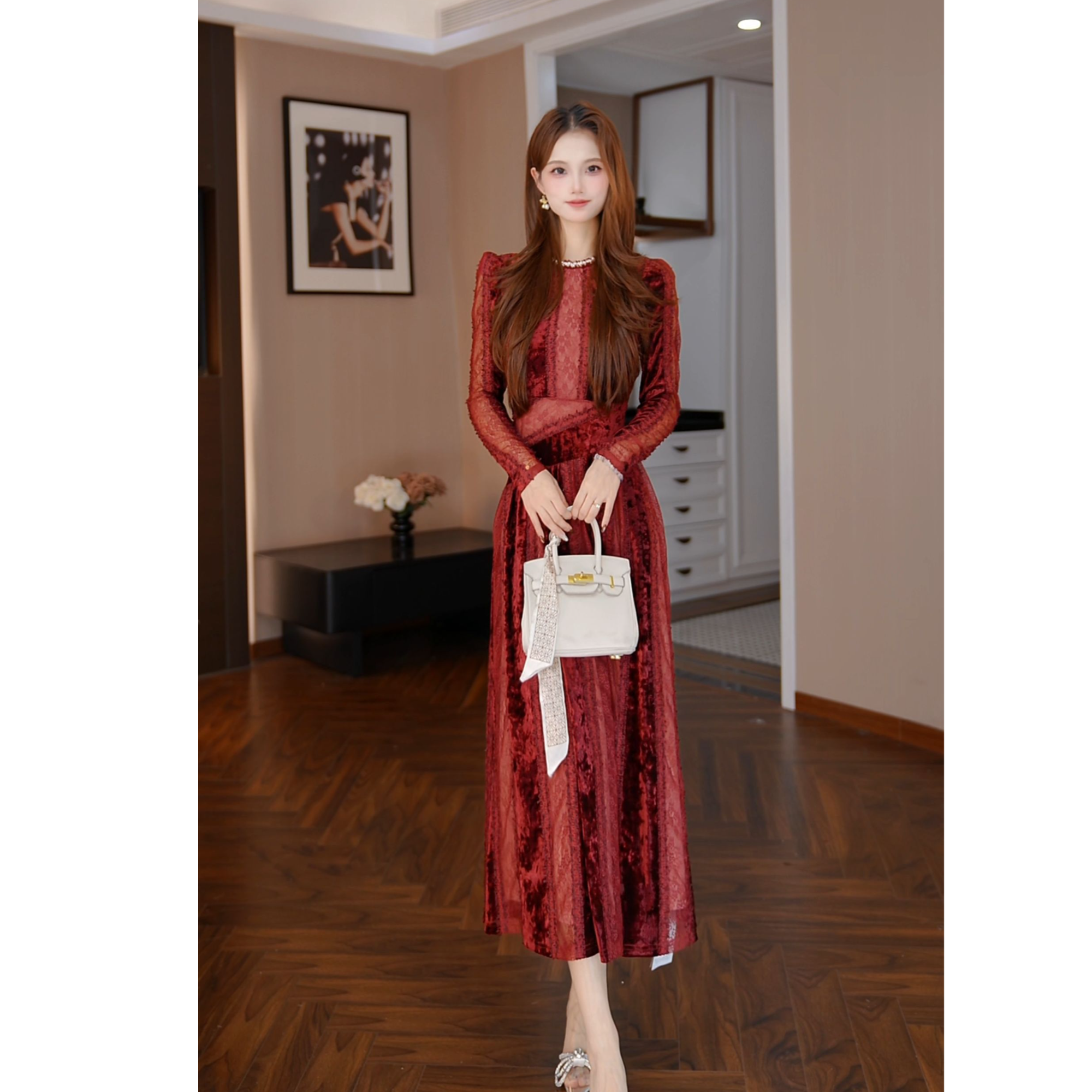【媛一一定制】镂空气质名媛显瘦收腰长袖礼服秋冬连衣裙 21931