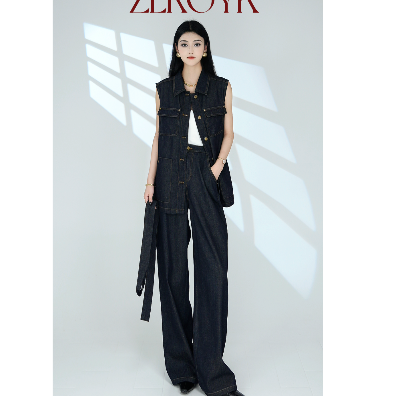 ZEROYK翎蔻 南油原创宽松时尚牛仔套装腰带系带马甲阔腿裤两件套
