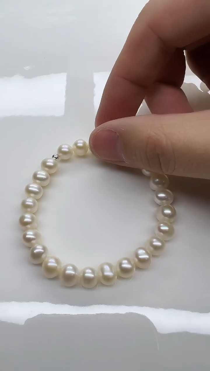 银S925镶嵌手链淡水珍珠极光白鸡蛋圆6.5-7.5mm