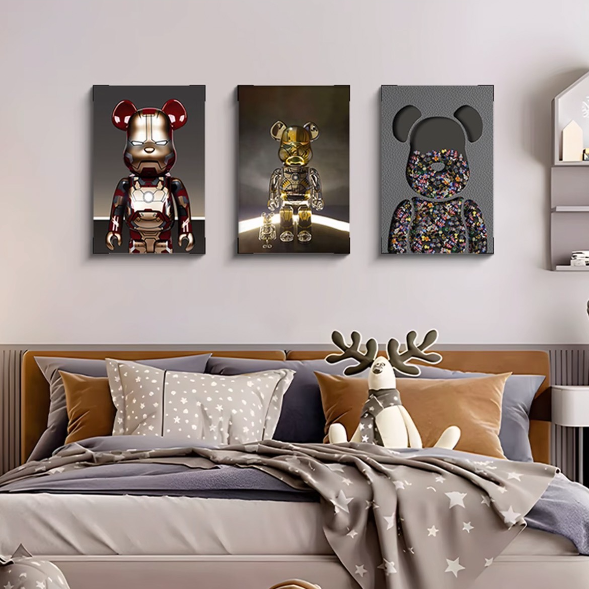 钢铁熊客厅装饰画沙发背景墙面壁画轻奢高级感三联画熊