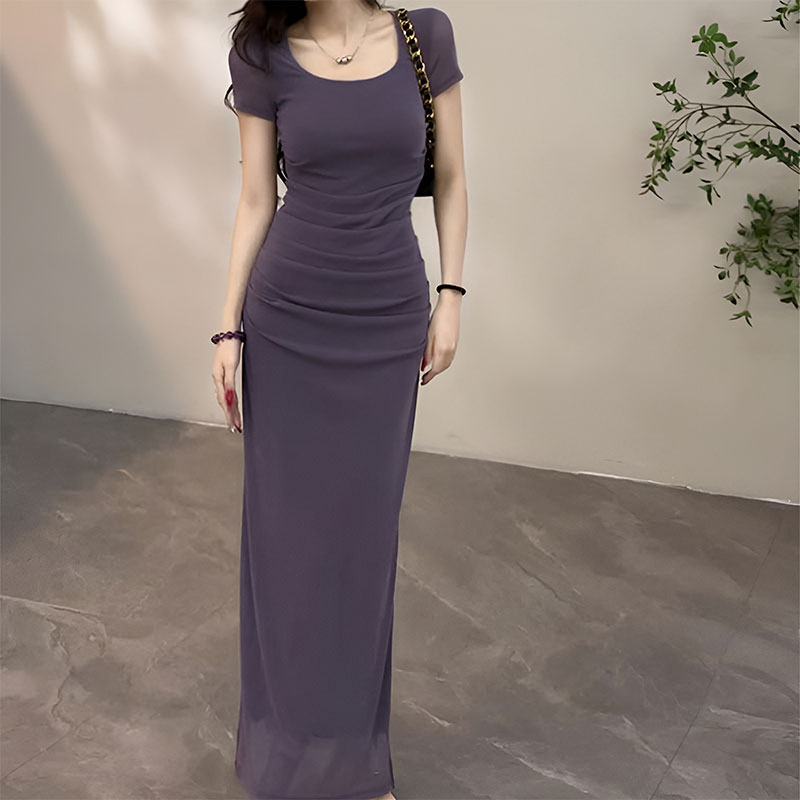 名媛气质短袖方领收腰连衣裙女2025新款夏季下摆开叉独特后妈裙