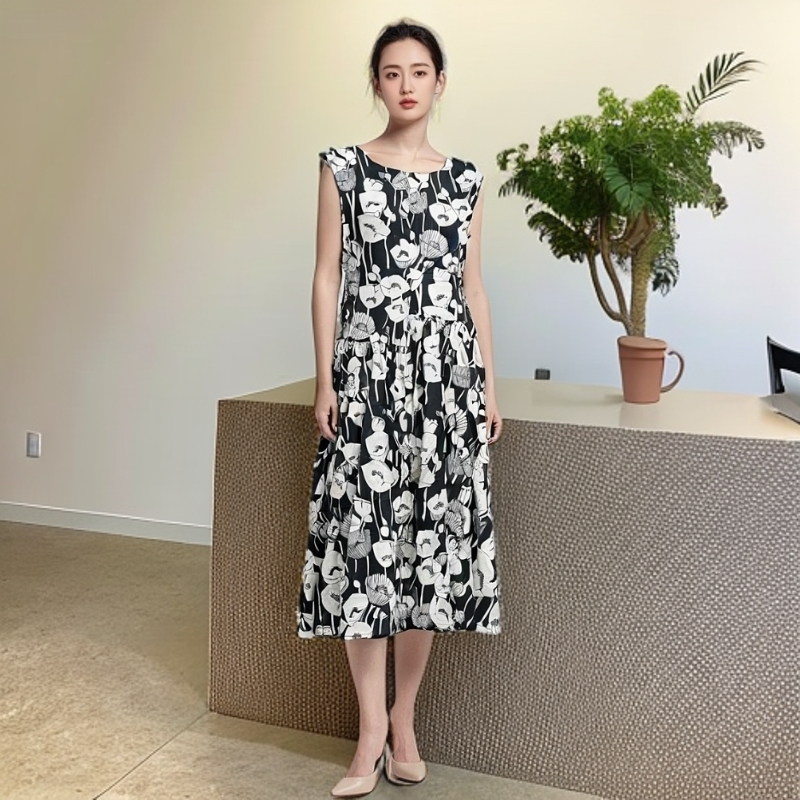 夏季无袖碎花连衣裙黑白撞色复古广州沙河连衣裙格子晚宴场合女装