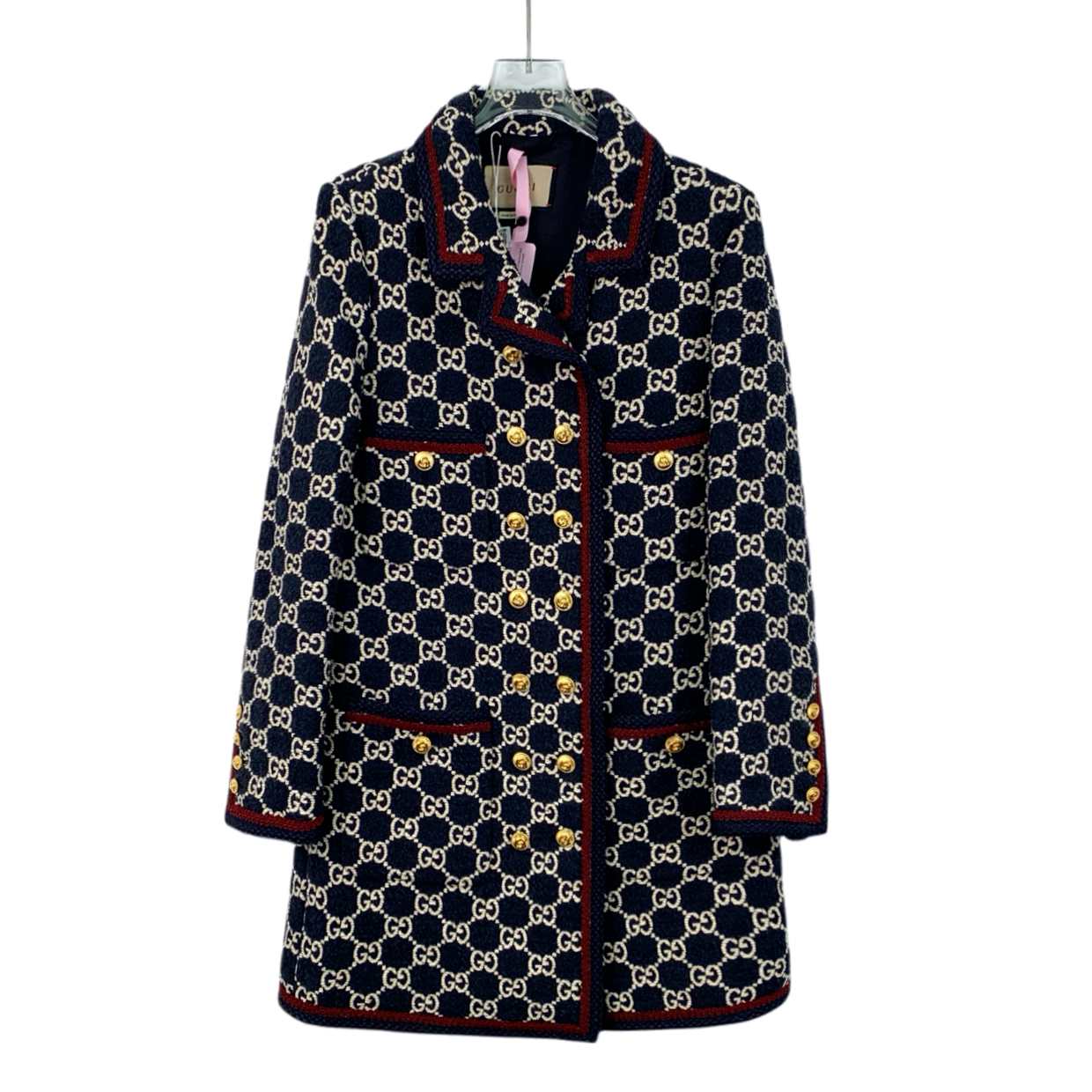 99新 GUCCI/古驰 CW0396 深蓝色满印翻领大衣外套 36 XS码