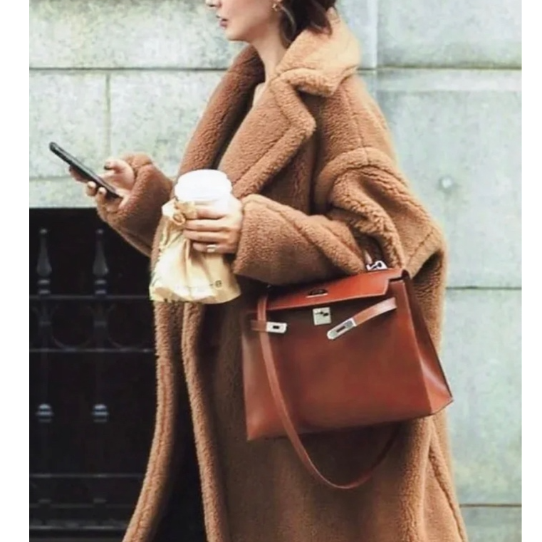 000834 MaxMara Teddy 纯色翻领纽扣长款长袖大衣 女款 棕色 M