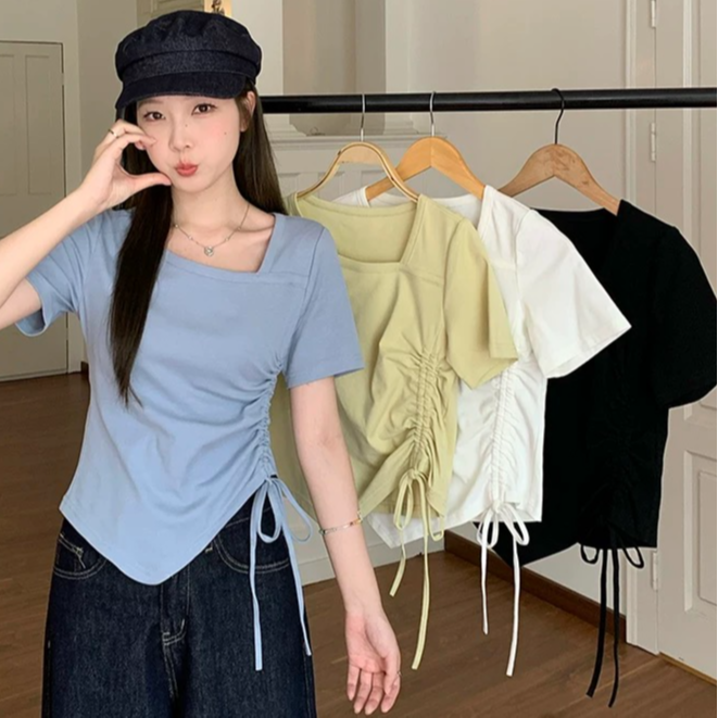 2025夏装新款胖mm大码女设计感不规则抽绳小众短袖T恤出游服装女