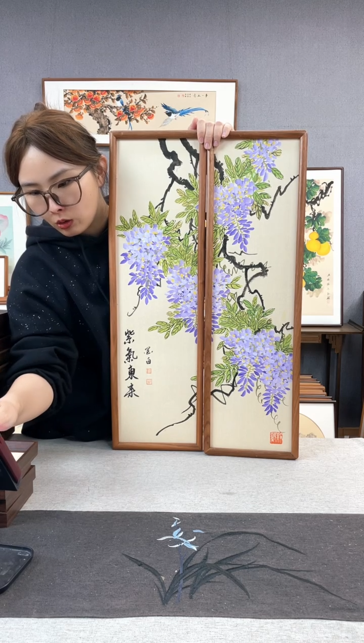 【闪购商品】国画手写手绘带框作品-20*70-紫藤