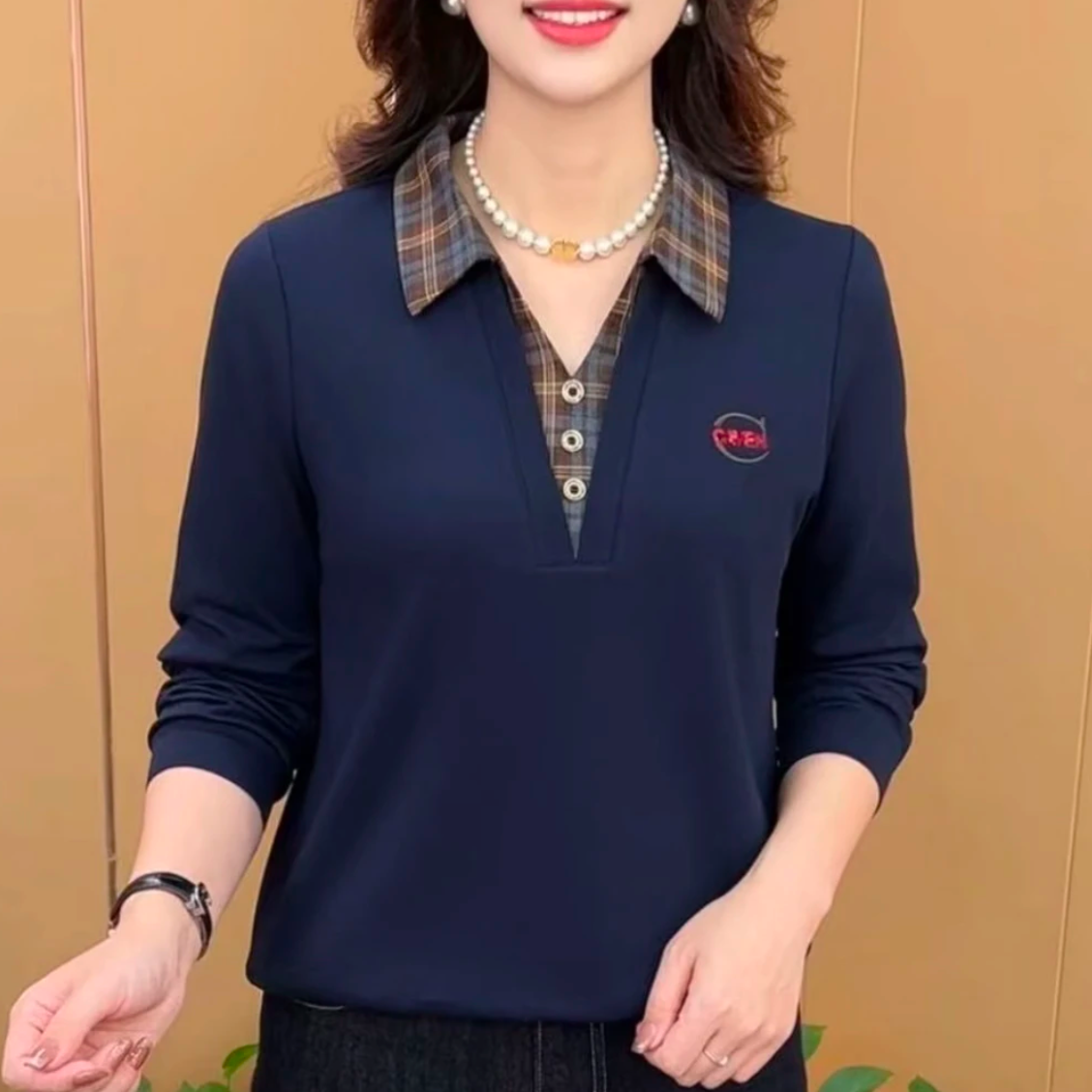 2025秋季新款时尚翻领假两件气质妈妈装休闲减龄显瘦长袖上衣