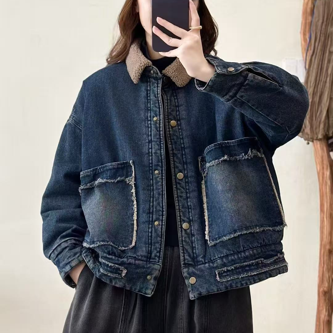 19167新款秋冬加厚休闲牛仔棉服外套复古宽松