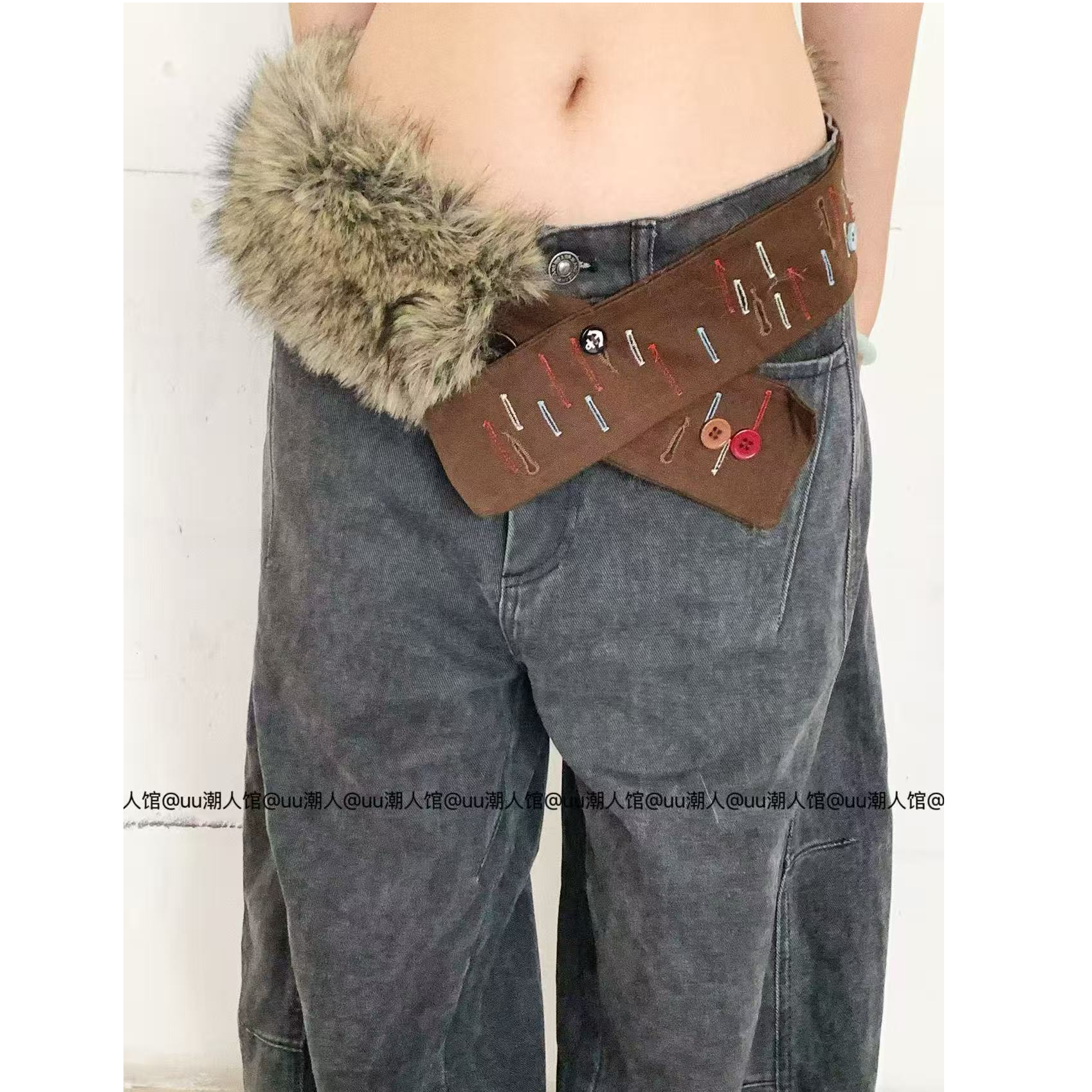 复古美式亚文化朋克风个性纽扣毛毛拼接腰带女辣妹腰封配饰皮带潮