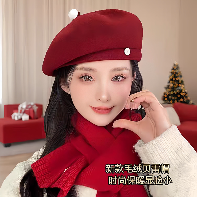 日系羊毛呢贝雷帽子女2025秋冬季新款大头围安可拉红画家帽显脸小