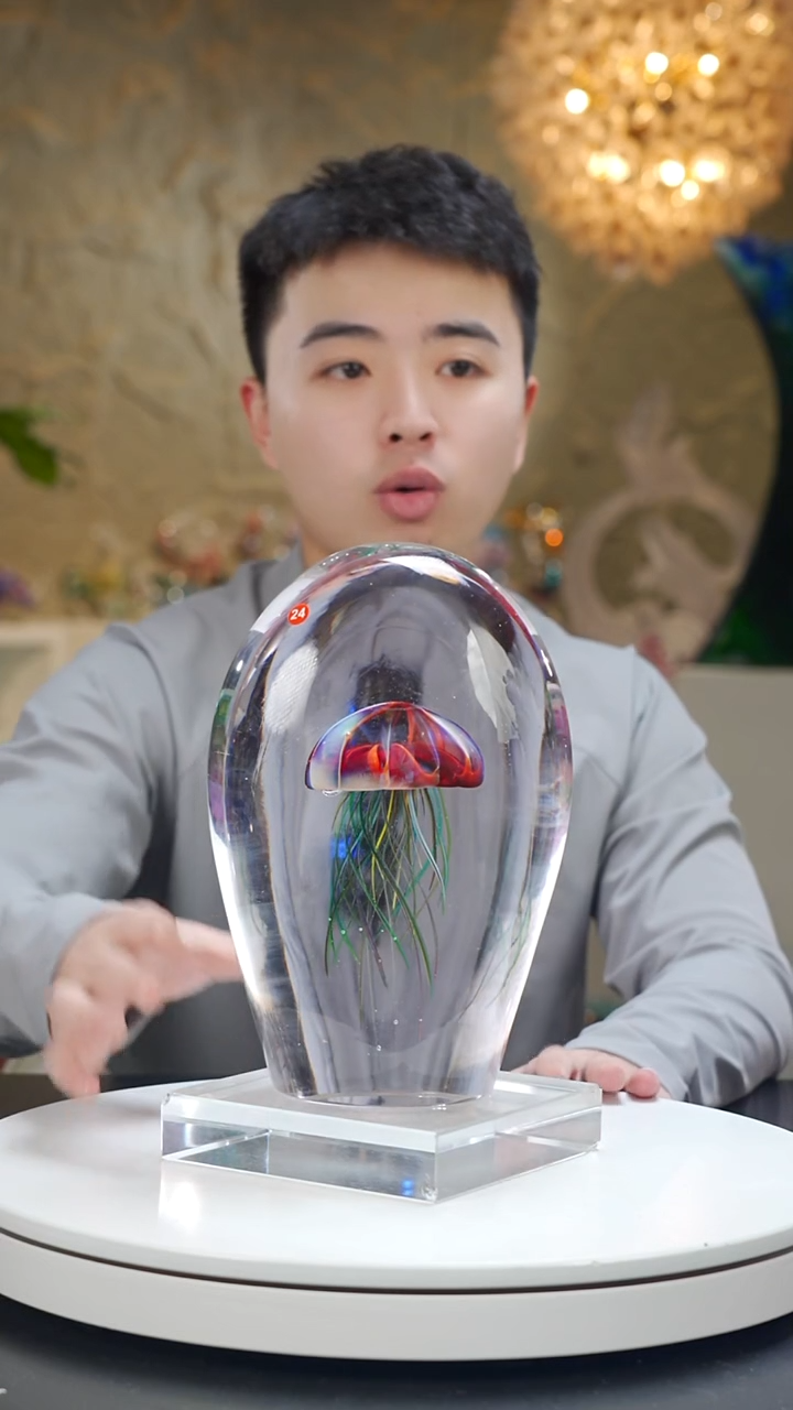 手工艺品琉璃暖**风金红色单头水母摆件24号+底座