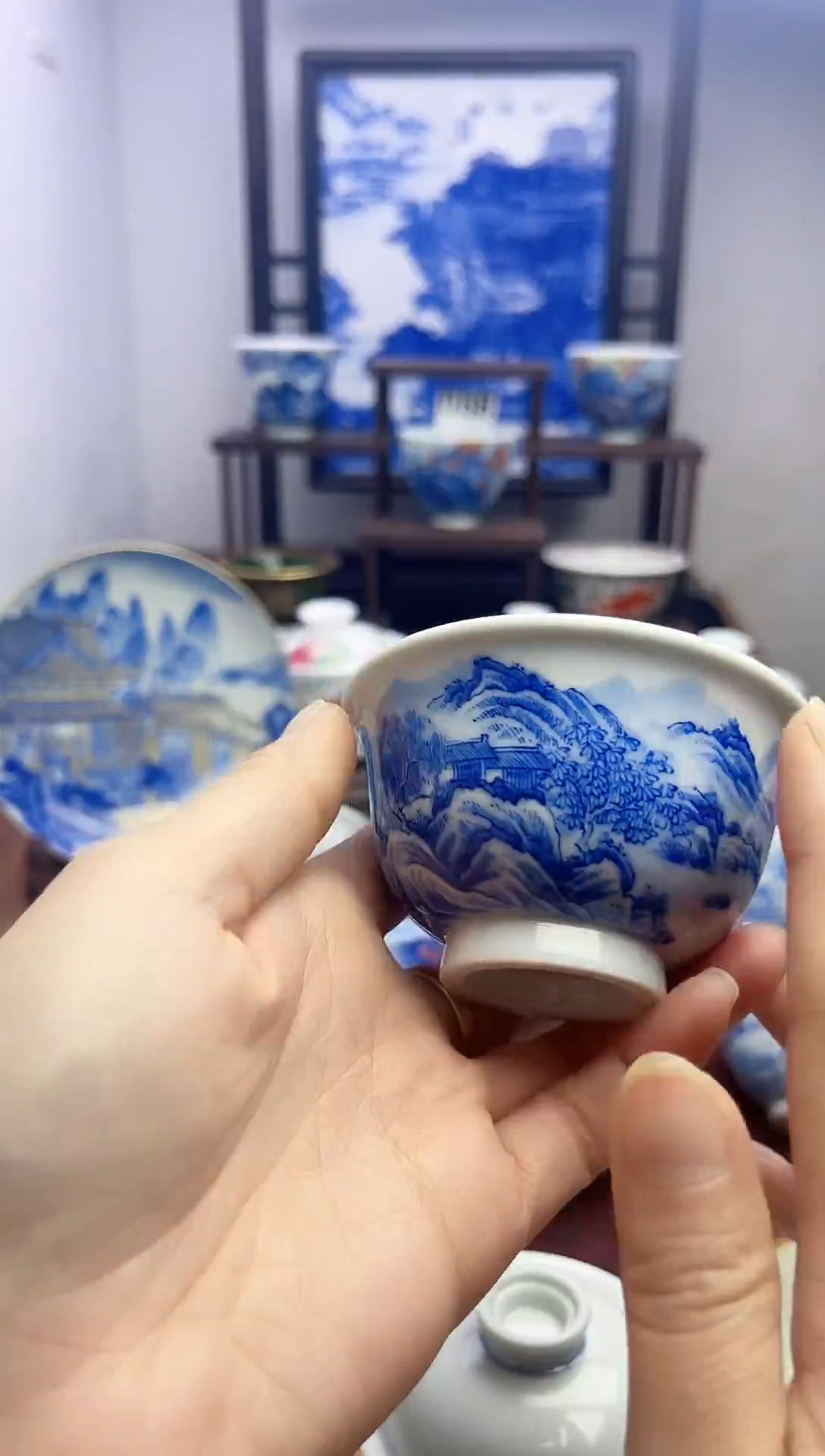 手工手绘青花山水压手杯