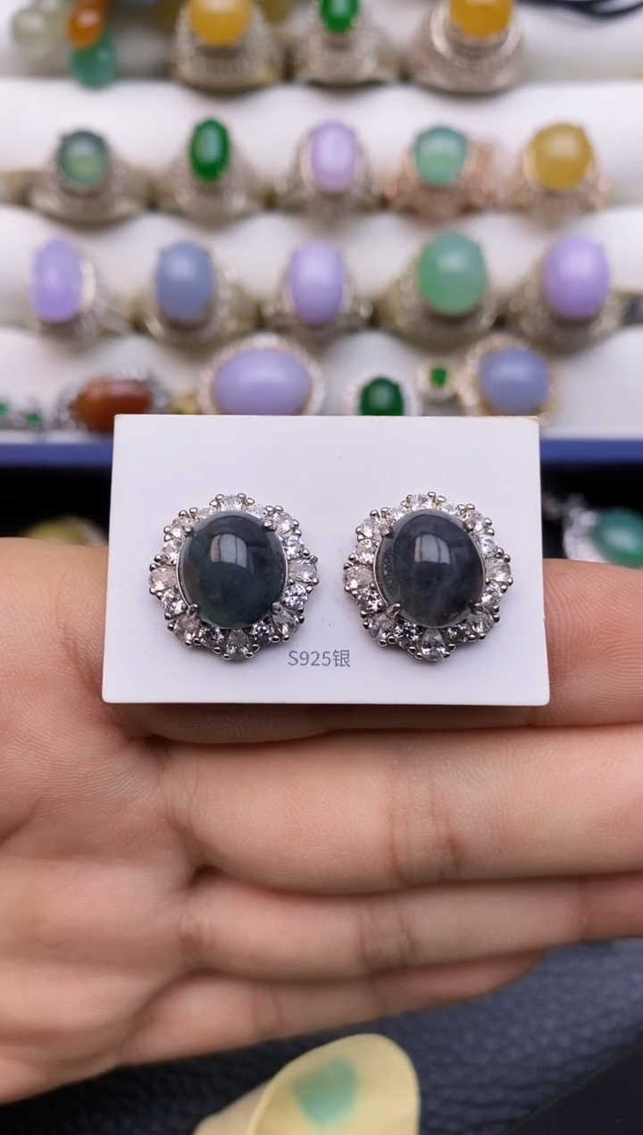 银S925镶嵌翡翠耳饰3369
