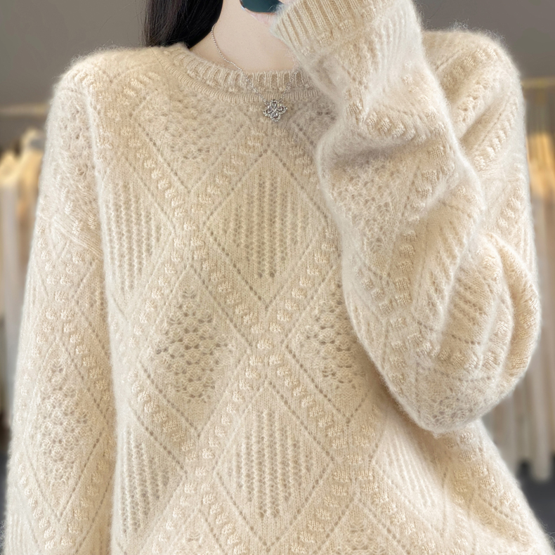 100纯羊毛衫女气质加厚圆领鼓波上衣D425