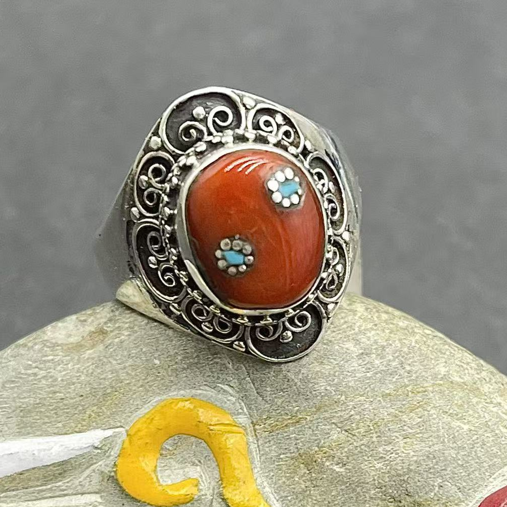 925银戒指 尼泊尔红补丁银戒时尚复古戒指素款重工个性