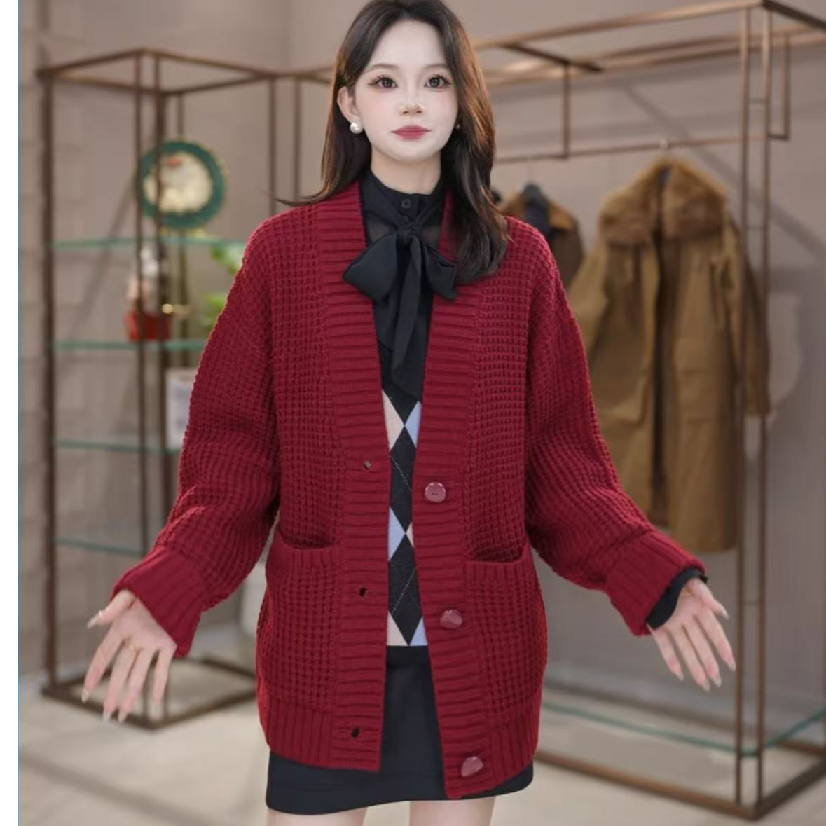 AMASS/阿玛施 优雅气质廓形针织外套单排扣纯色针织开衫5499286