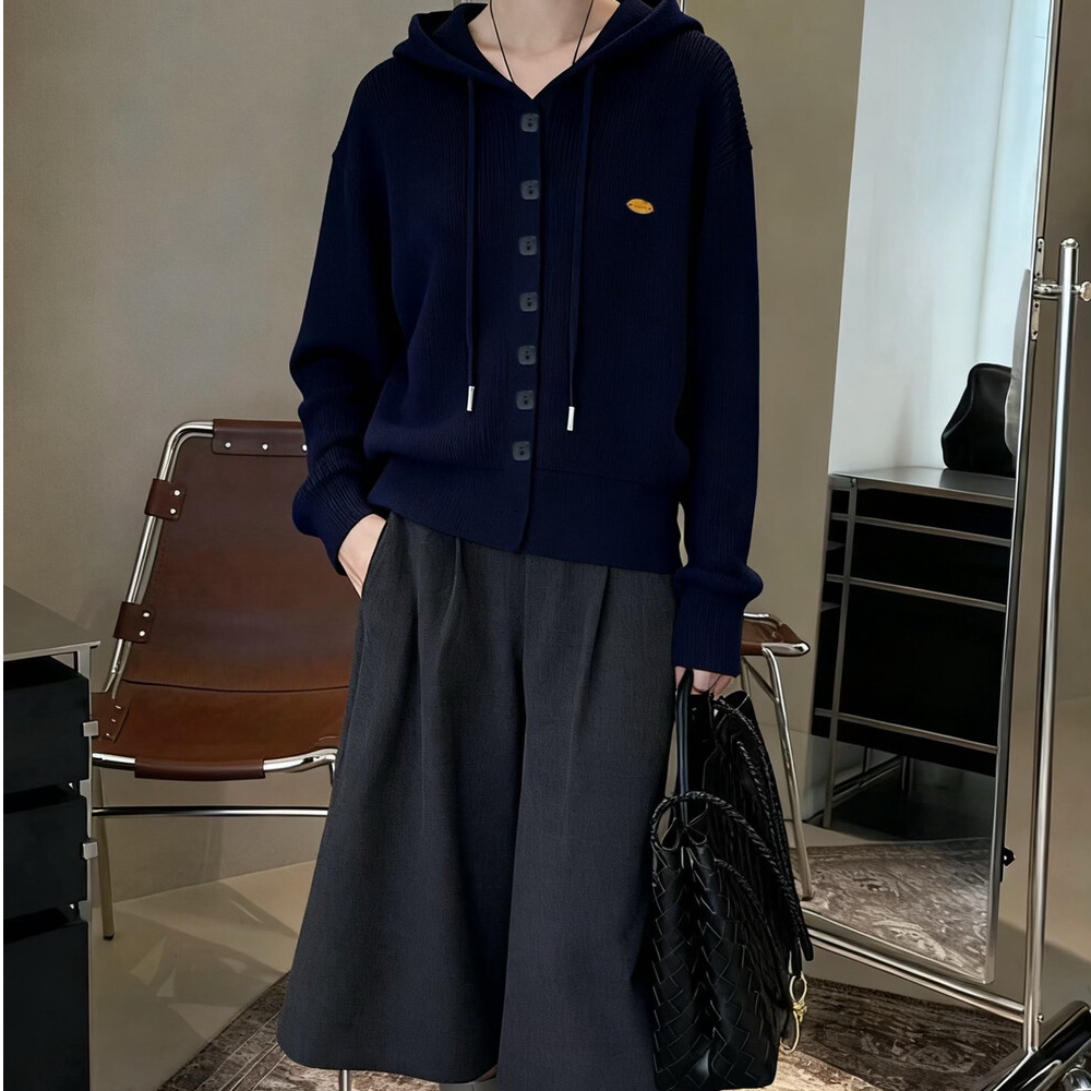 冬上新韩版单排扣连帽秋冬毛衣针织开衫戴帽气质
