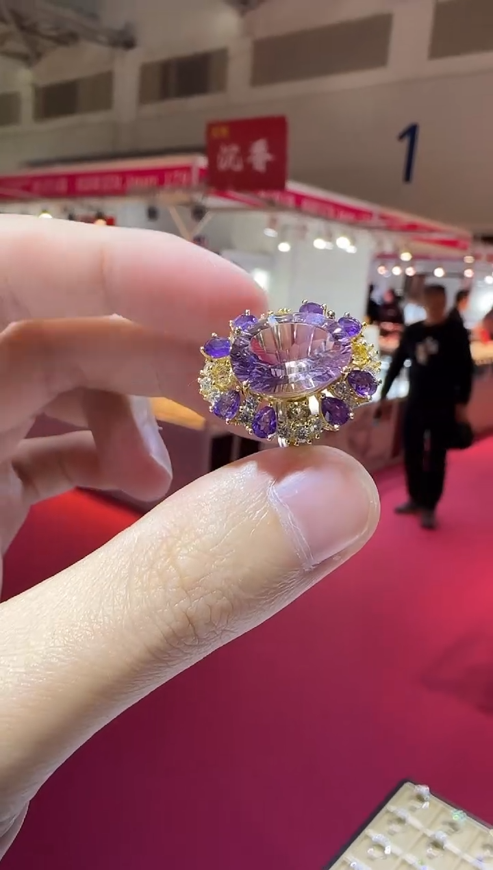 银S925镶嵌戒指水晶紫黄晶高级款