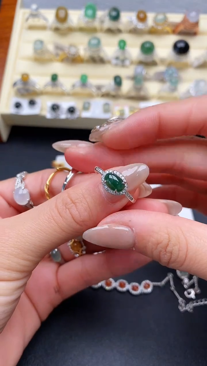 【闪购商品】翡翠戒指银S925镶嵌缅甸天然A货翡翠111  6-