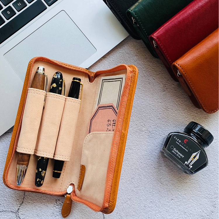 网汇鹅 真皮三支笔包钢笔包拉链粗笔包牛皮笔套笔盒