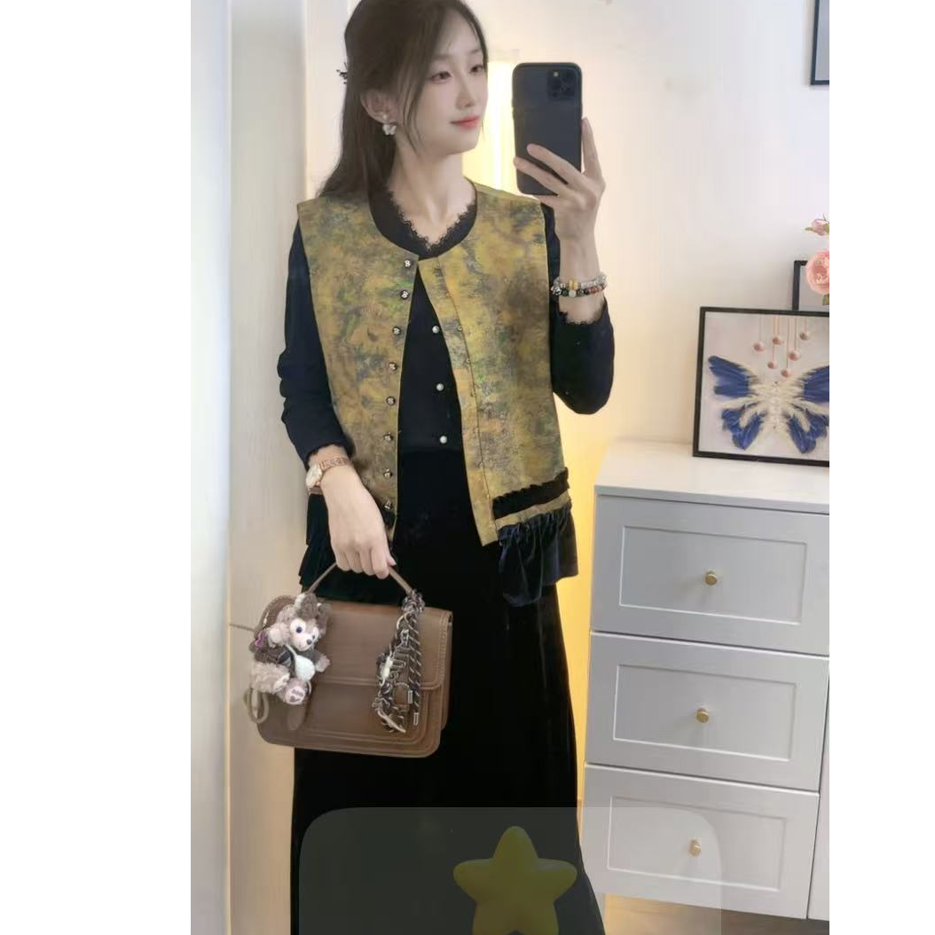 25新款早秋重工提花缎面拼接马甲无袖穿搭#02515A#上衣洋气