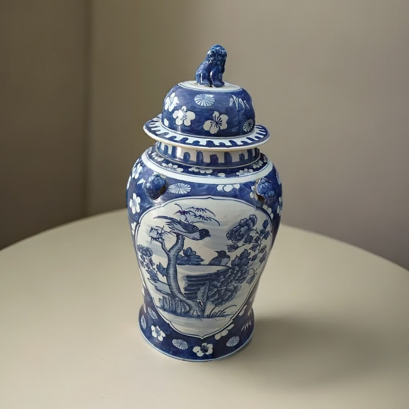海外舶来品中古回流青花手绘雀上枝头将军大罐一对约小民中期出窑