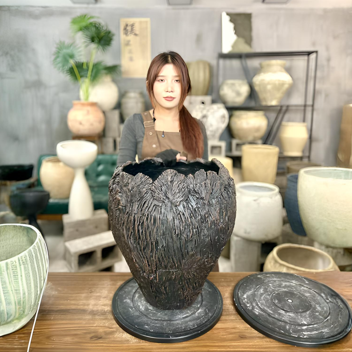 友圃【设计师推荐款】镁泥花盆复古风侘寂风国风民宿酒店造景水泥盆