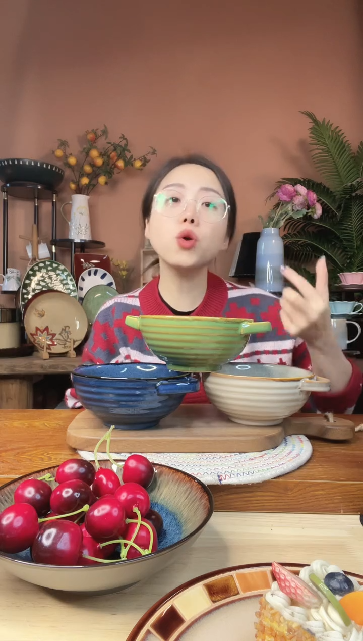 陶瓷6英寸双耳碗 3件 微瑕疵