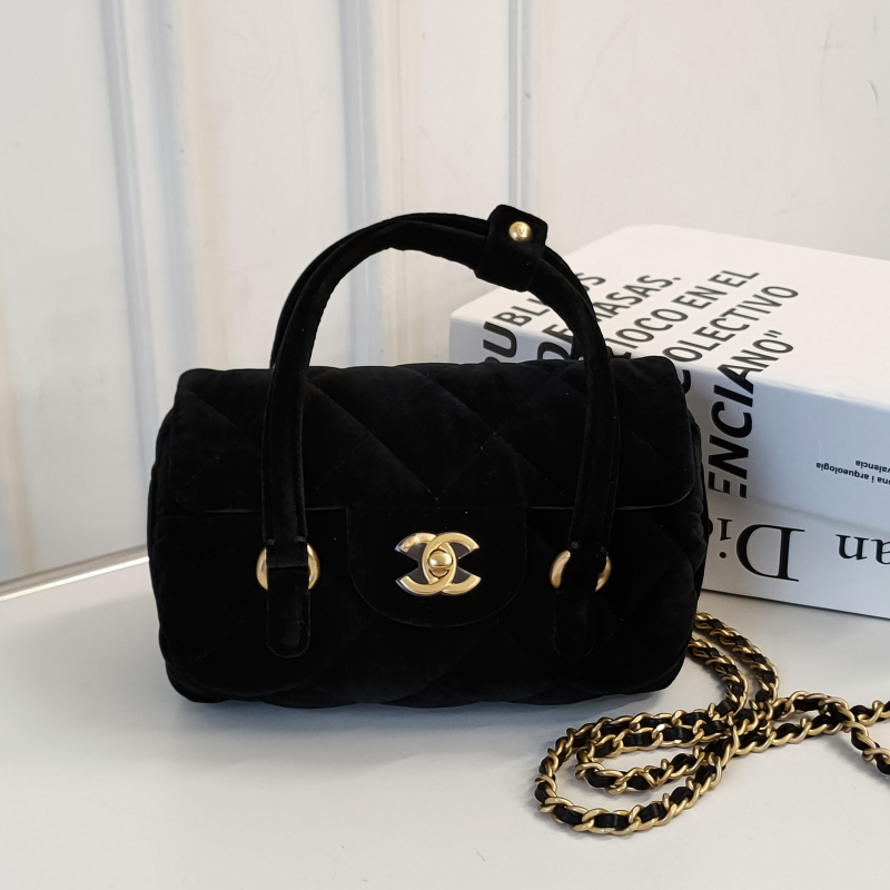 99新 Chanel/香奈儿 Azul - 25C黑金丝绒手提圆筒斜挎包 52003